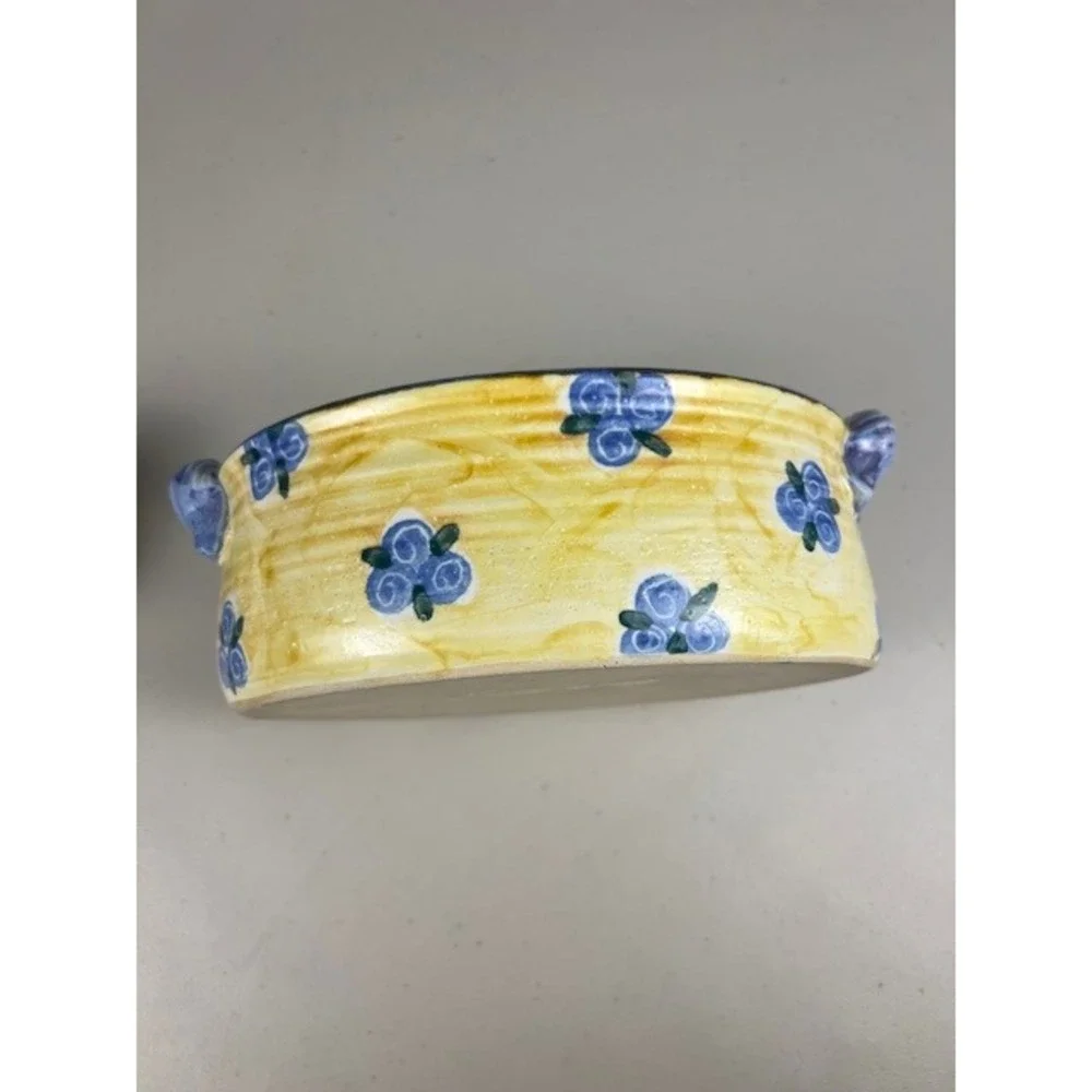 Hand Painted Yellow Blue Floral Ceramic Oval Serving Bowl Handles 10in‎ Signed